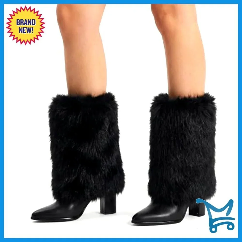 Faux Fur Mid Calf Boots with Chunky Heel and Side Zipper for Winter